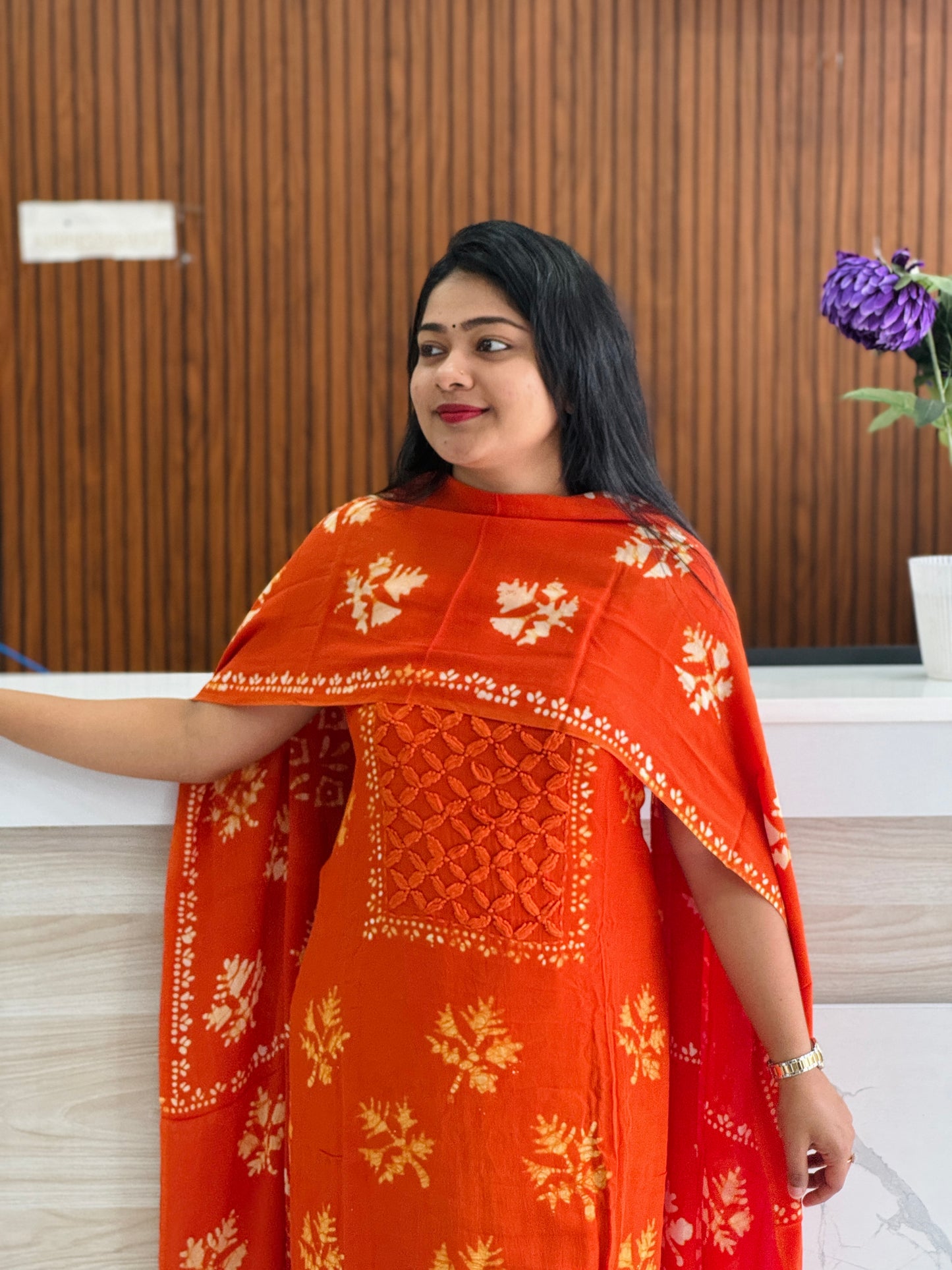 Orange | Batik Print | Georgette Fabric | Premium Unstitched Churidar Material A1754