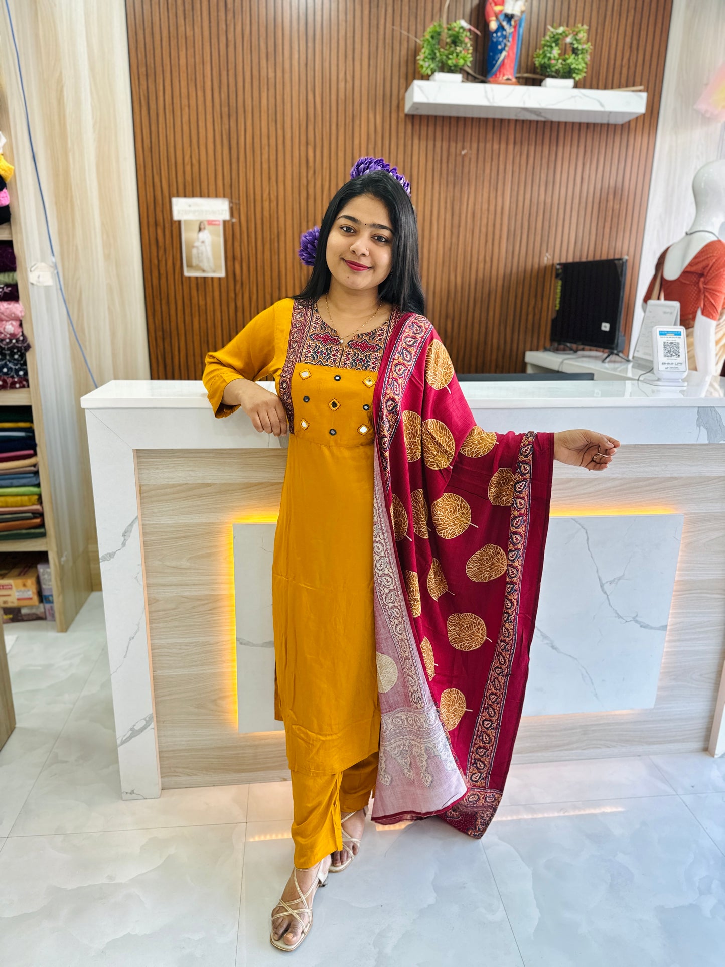 Premium Modal Silk three piece set Yellow & Red  Combo. A1685