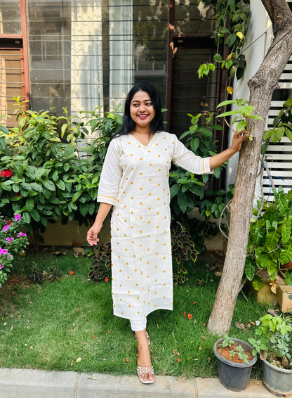 Off white Jute Cotton Kurta Top with yellow polka dots-A1314