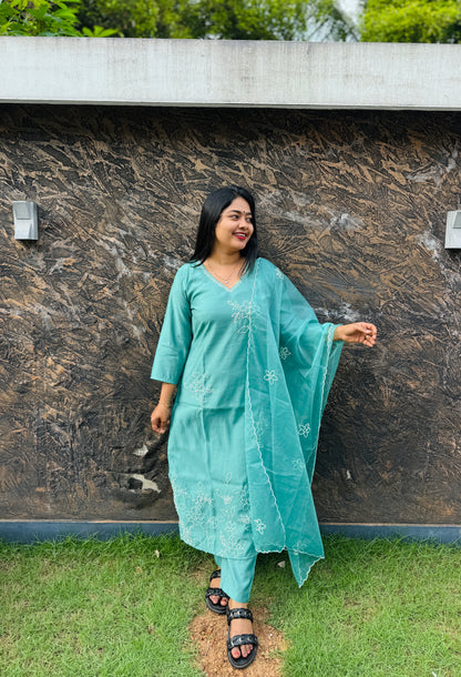 Festive Function Wear | Aqua Blue Three Piece Set A- 1555