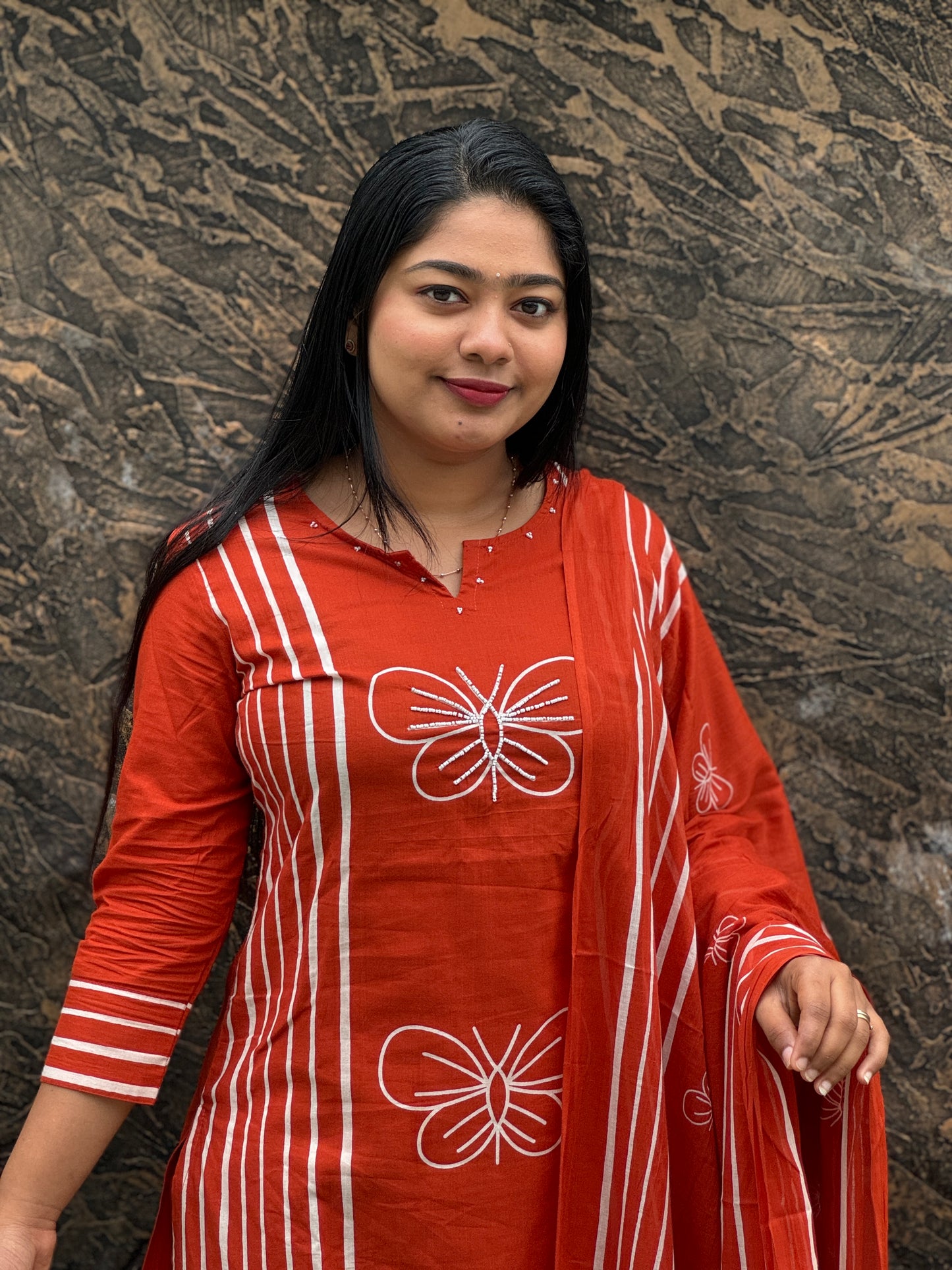 Brick Red & Blue 3-Piece Salwar Set Crafted in soft and breathable Mulmul cotton : A 1473