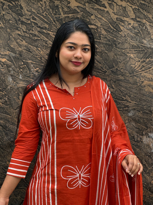 Brick Red & Blue 3-Piece Salwar Set Crafted in soft and breathable Mulmul cotton : A 1473