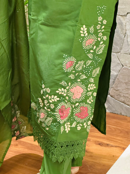 Purple & Green Chanderi Silk 3-Piece Set A1943