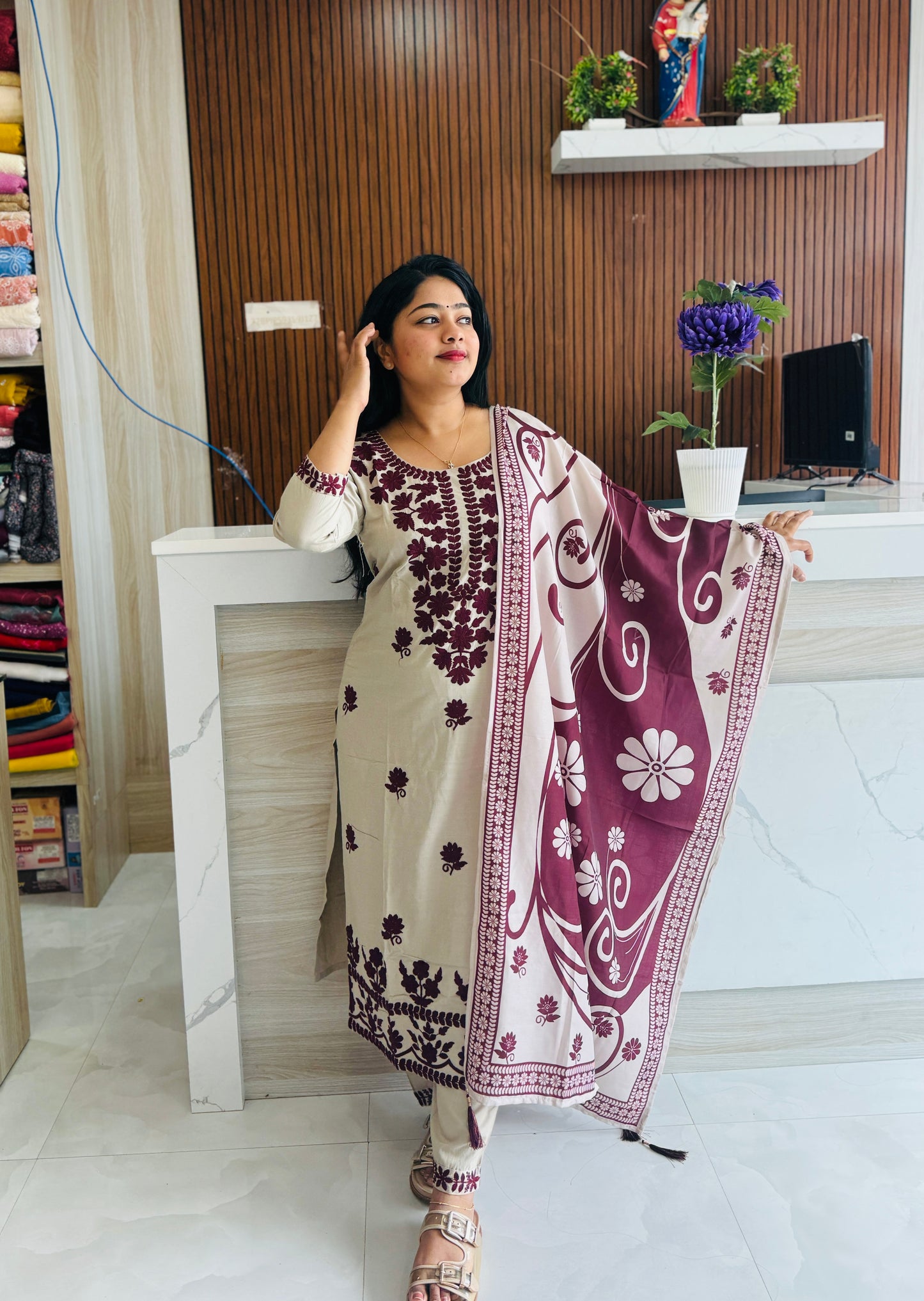 Beige & Wine Combo Chikankari 3ps set A1936