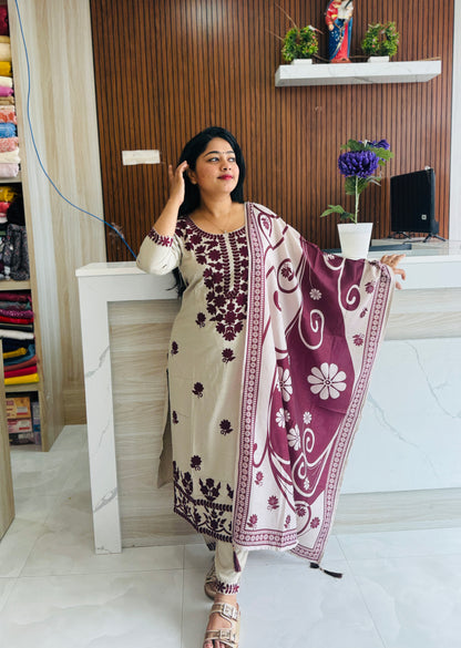 Beige & Wine Combo Chikankari 3ps set A1936