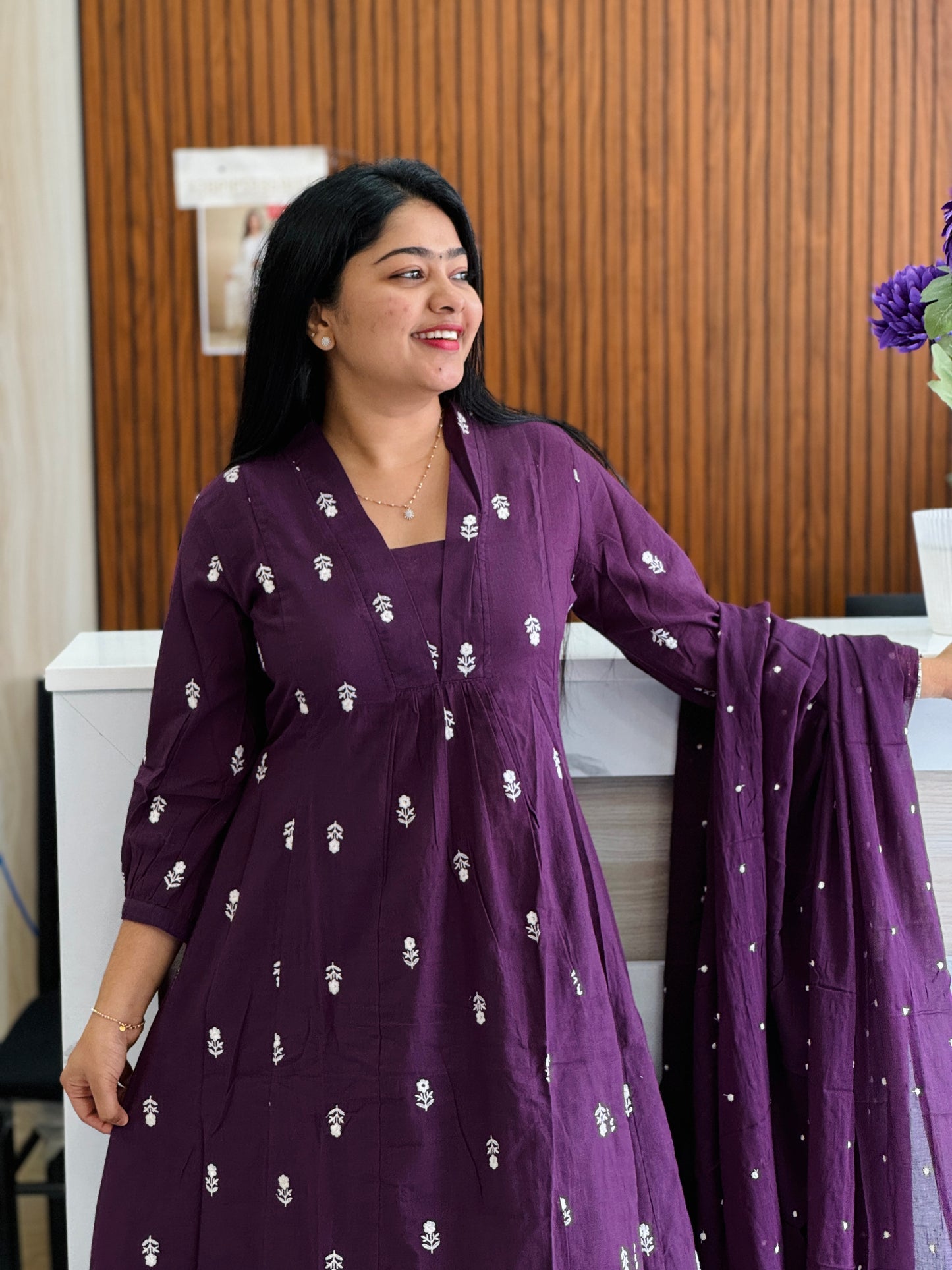 Elegant Purple Cotton Suit Set (M–3XL) A1735