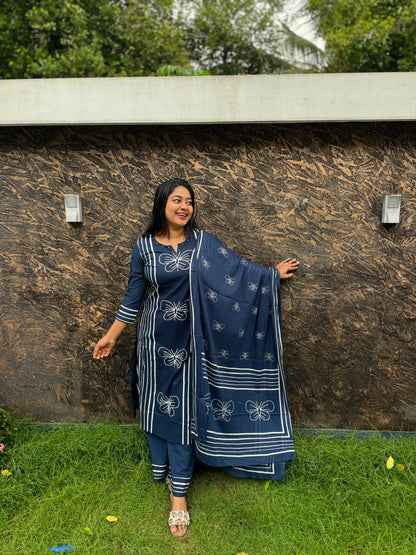 Brick Red & Blue 3-Piece Salwar Set Crafted in soft and breathable Mulmul cotton : A 1473