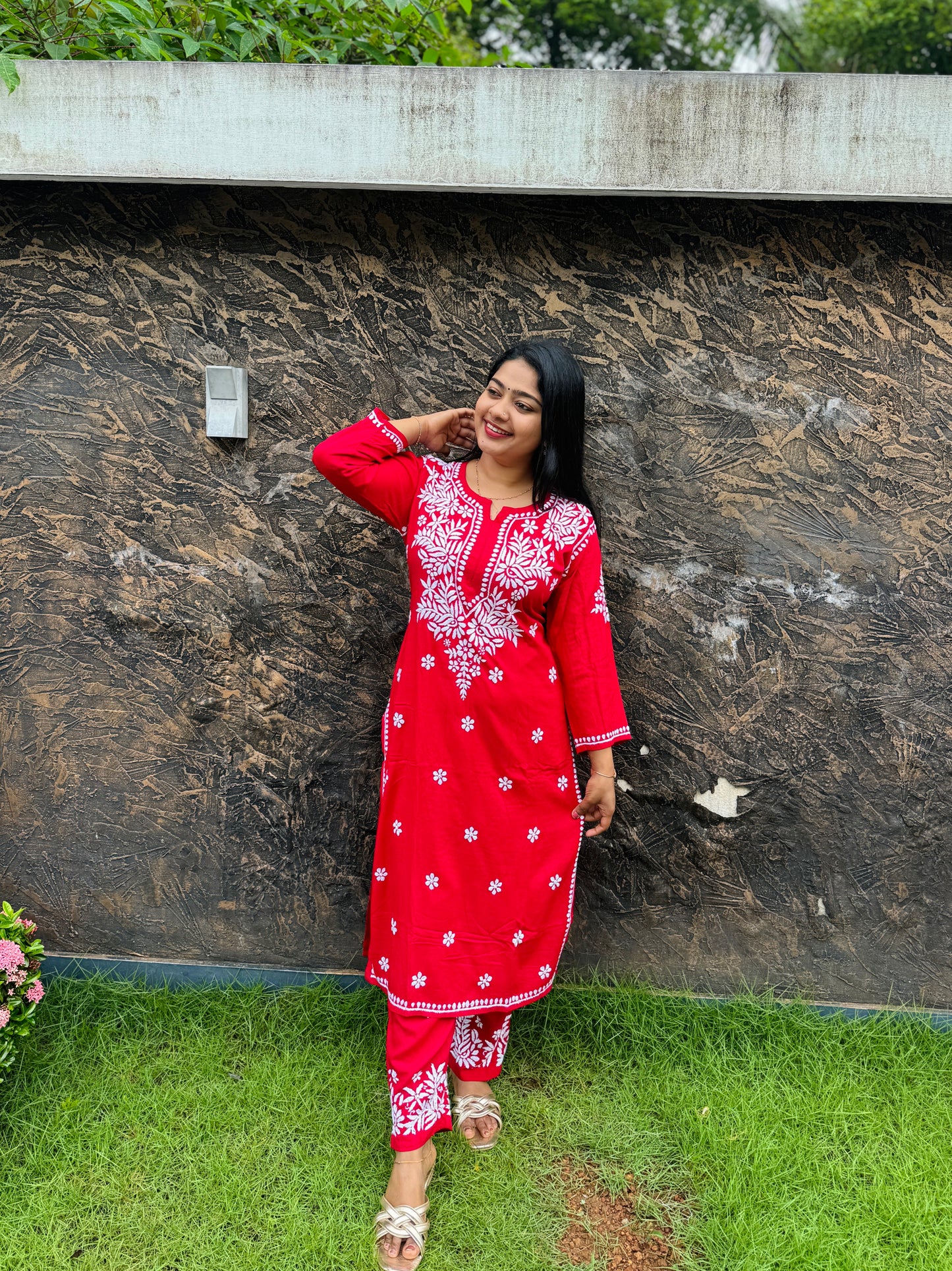 Red & Brown Chikankari Cordset