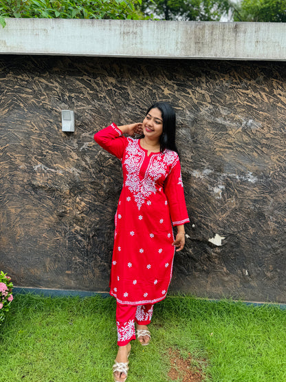 Red & Brown Chikankari Cordset