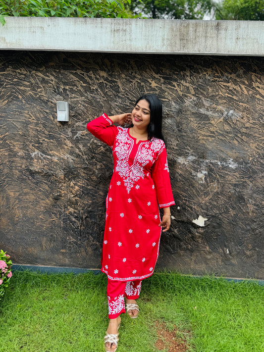 Red & Brown Chikankari Cordset