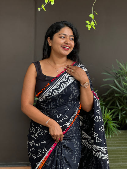 Black Soft Cotton Saree-A1345
