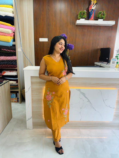 Yellow & Green Khadi Cotton Sleevless Cordset A1662