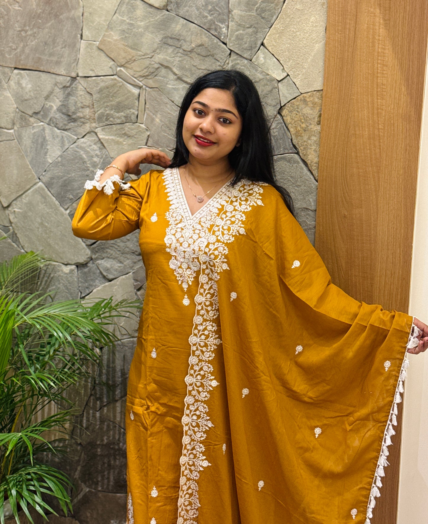 Mustard Yellow with Golden Tone 
Premium 3-Piece Chanderi Silk Set A1965