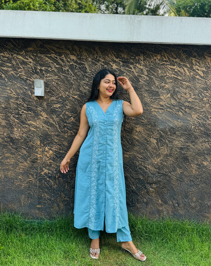 Khadi Cotton Cord Set – Brick Red & Sky Blue- A1386