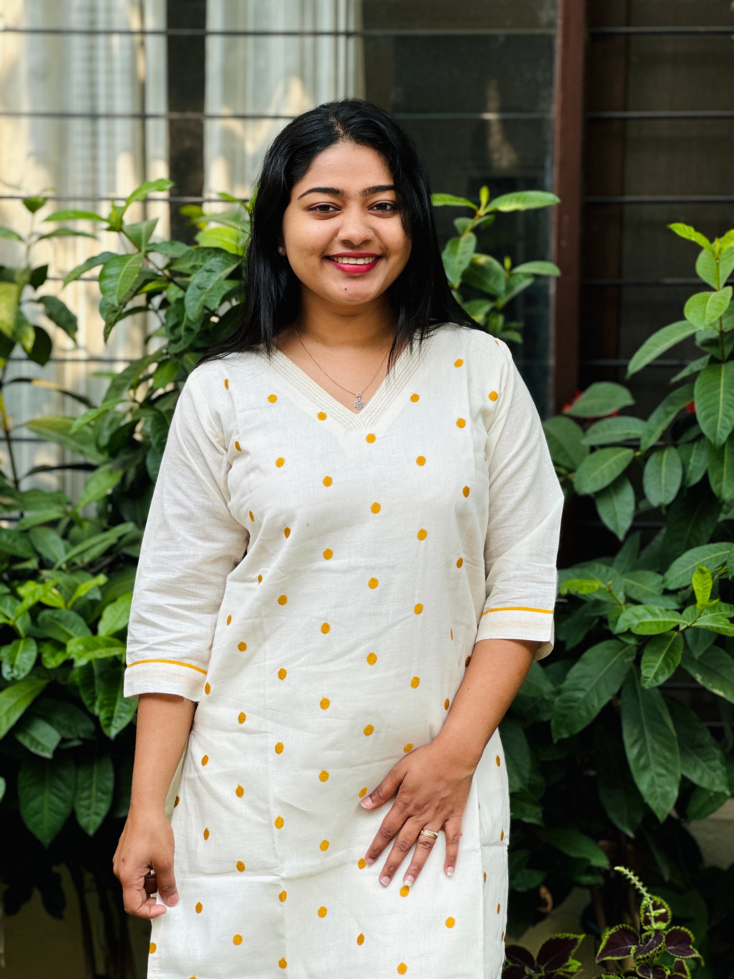 Off white Jute Cotton Kurta Top with yellow polka dots-A1314
