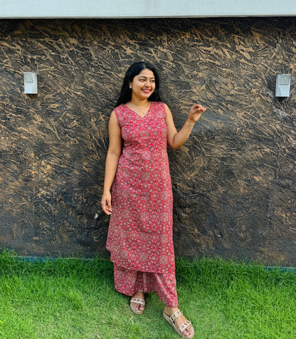 Elegant Red Ajrakh Co-ord set- A 1356