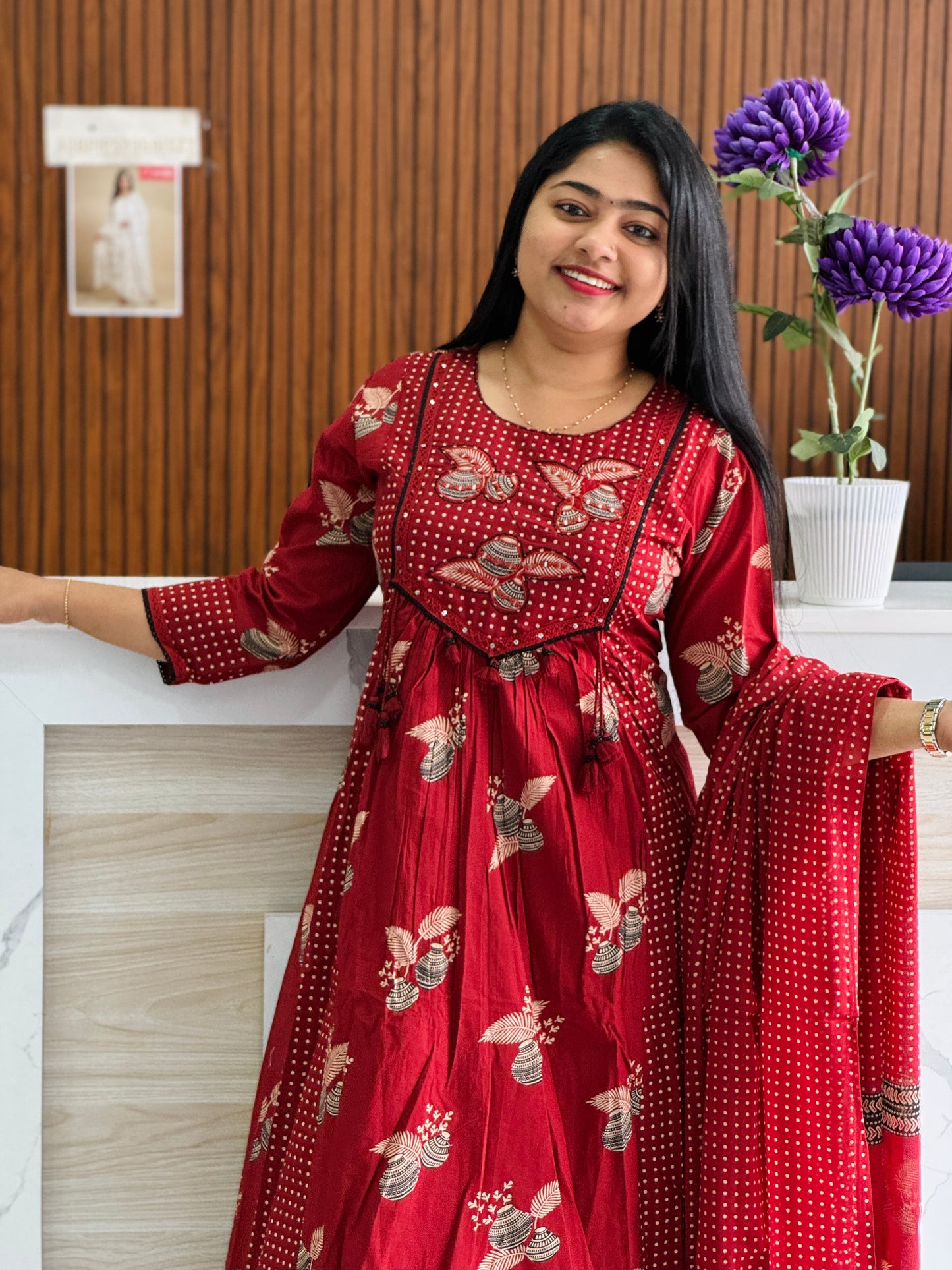 Maroon with floral print Cotton Anarkali 3 piece Salwar Set A1718