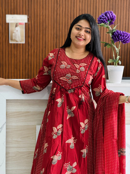 Maroon with floral print Cotton Anarkali 3 piece Salwar Set A1718