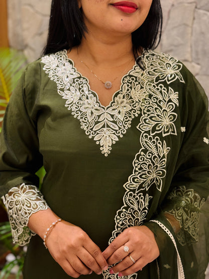 Bottle Green Chanderi Silk 3-Piece Set A1950