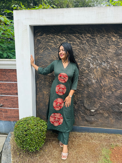 Bottle green  Khadi Cotton Cord Set with Ajrak Detailing