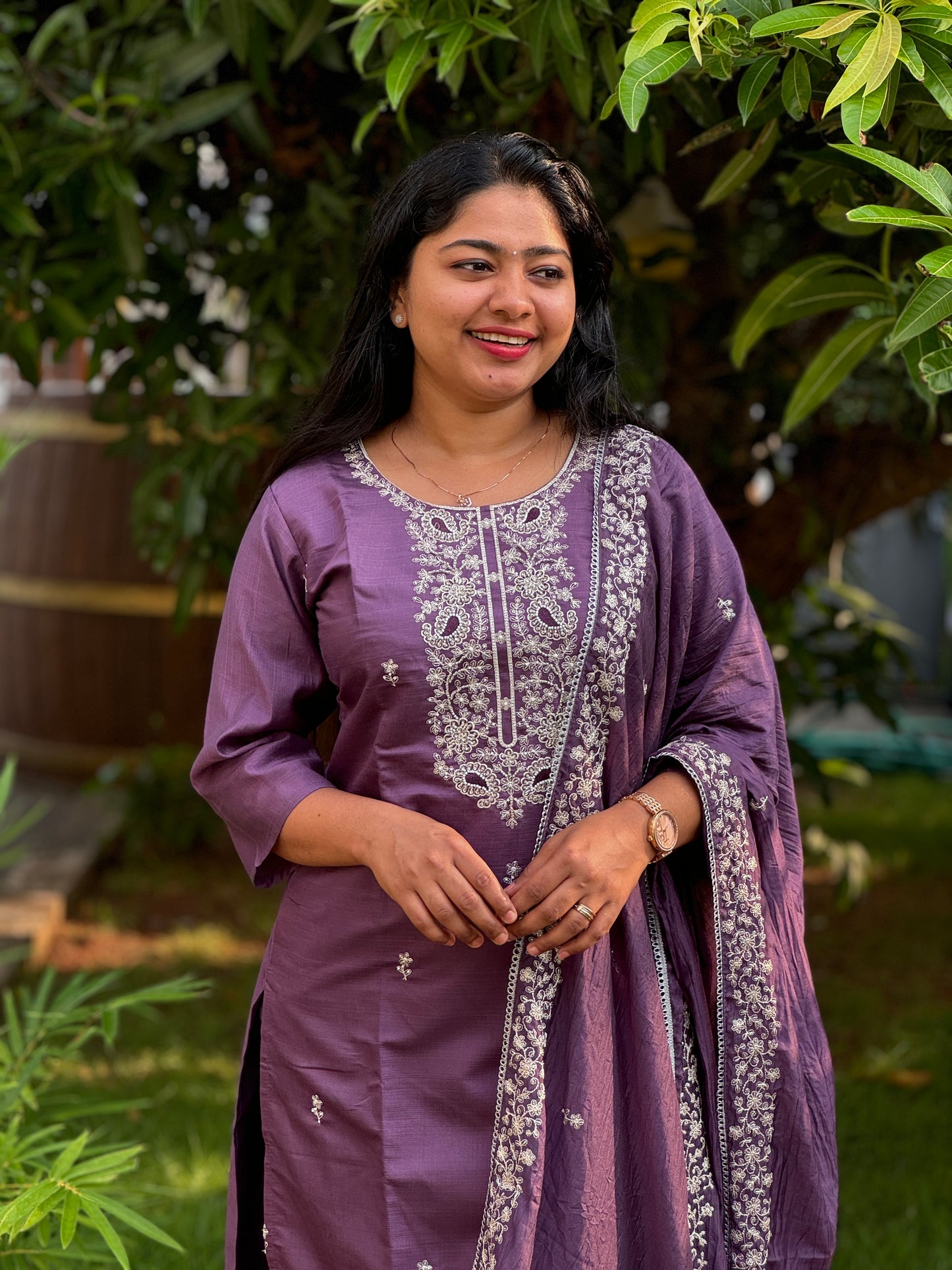 Handcrafted Soft Silk Salwar Set in Lavender & Olive Green - A1364
