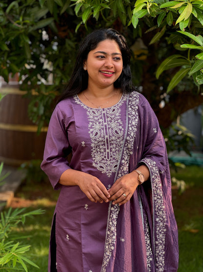 Handcrafted Soft Silk Salwar Set in Lavender & Olive Green - A1364