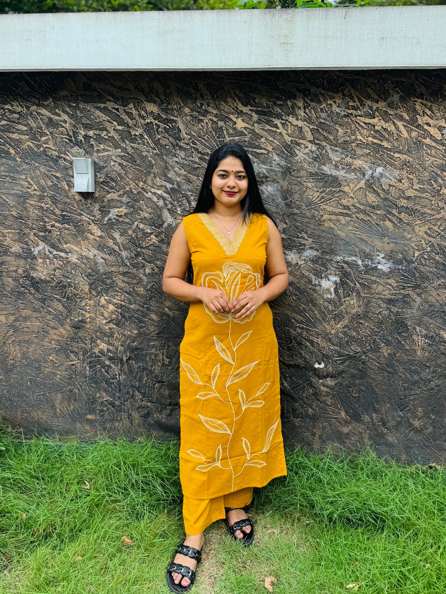 Pista Green & Mustard Yellow Khadi Cotton Corset Set A - 1518