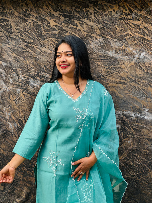 Festive Function Wear | Aqua Blue Three Piece Set A- 1555