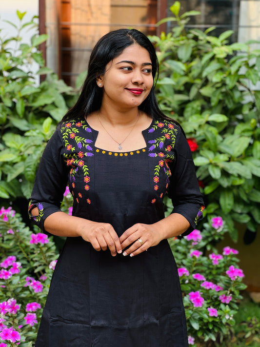 Black Cotton Kurta Top with intricate thread work -A1016