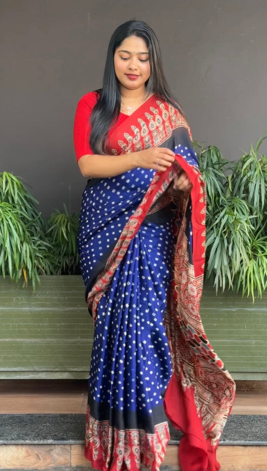 Premium Bandhani Modal Silk Saree with Ajrakh Pallu A1740