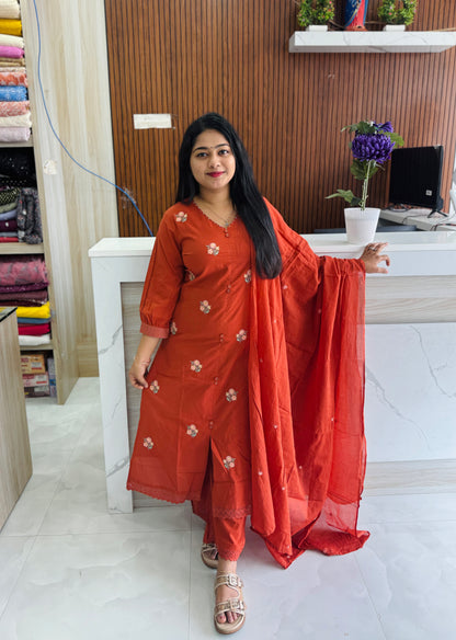 Brick Red-shade beautiful mul cotton 3-piece salwar set A1921