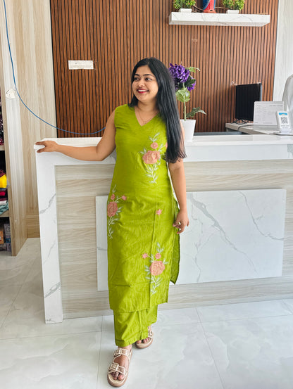 Parrot Green Khadi Cotton Cord Set 💚A1791