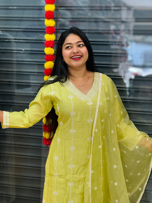 Luxurious Pista Green Silk 3-Piece Set A- 1545