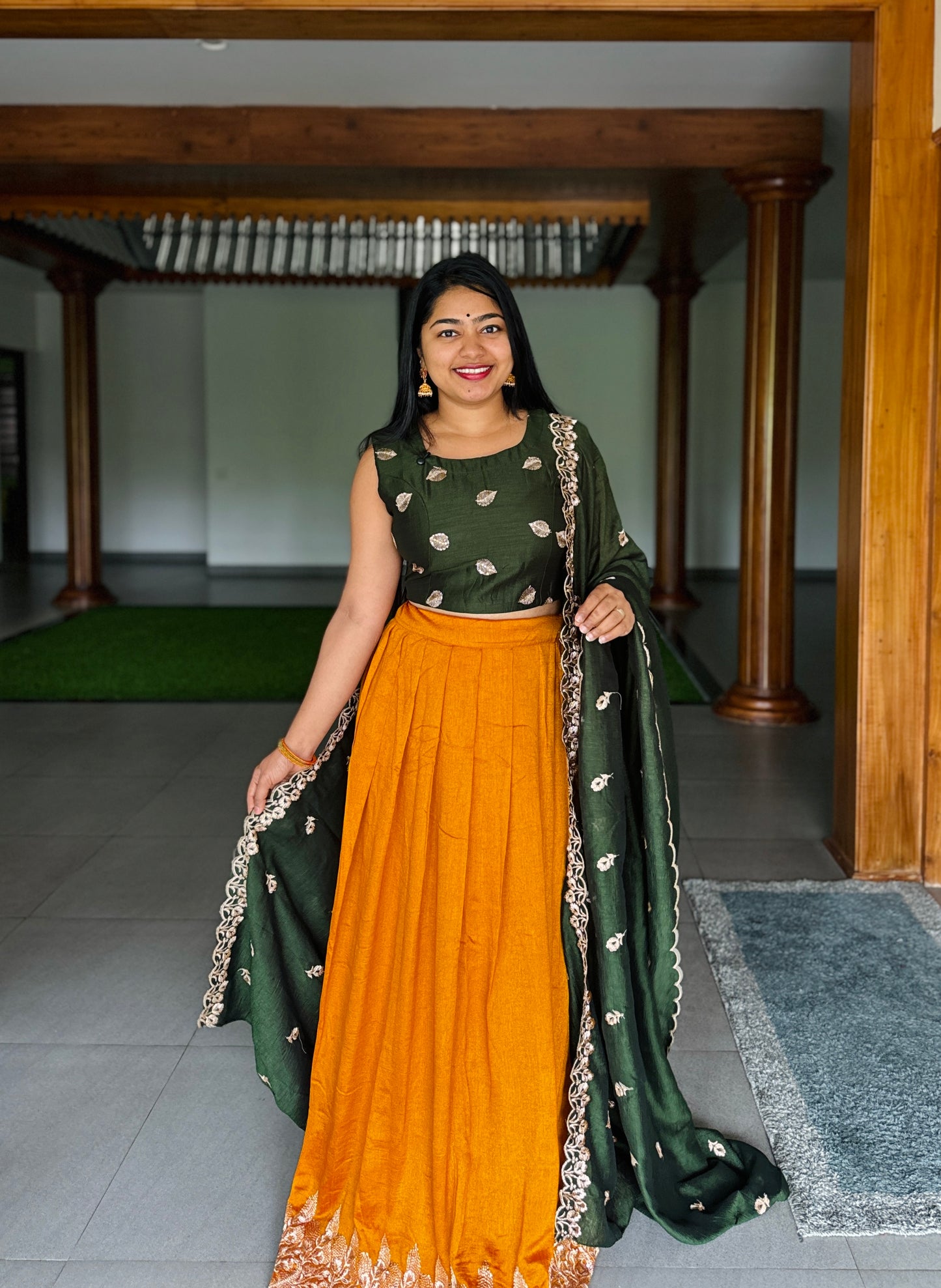 Traditional Yellow & Green Dhavani Set For Onam A - 1504