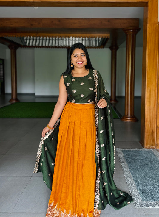 Traditional Yellow & Green Dhavani Set For Onam A - 1504