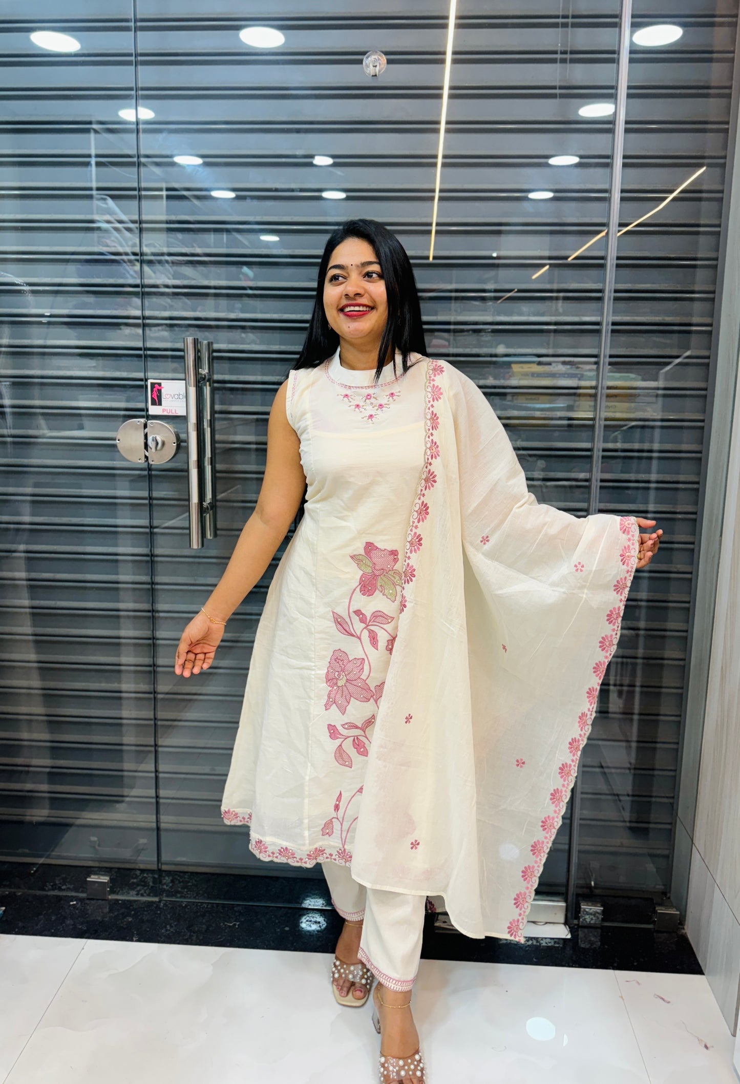 Festive Pink Embroidery High-Neck Dress