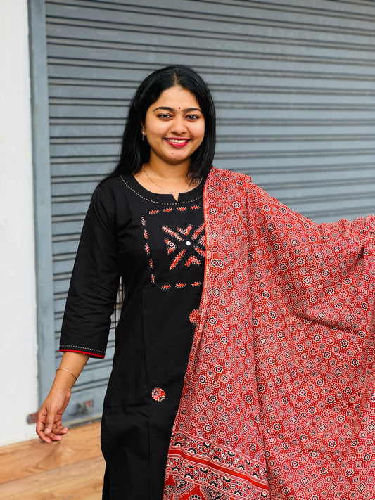 Pure Cotton Black 3 Piece Salwar Set With Ajrakh dupatta - A1343