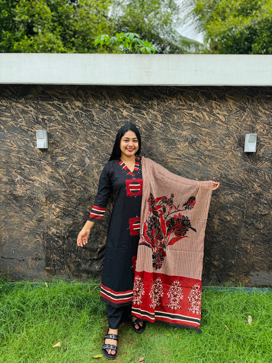 Premium Cotton Salwar Set Black & Red Elegance -A1490