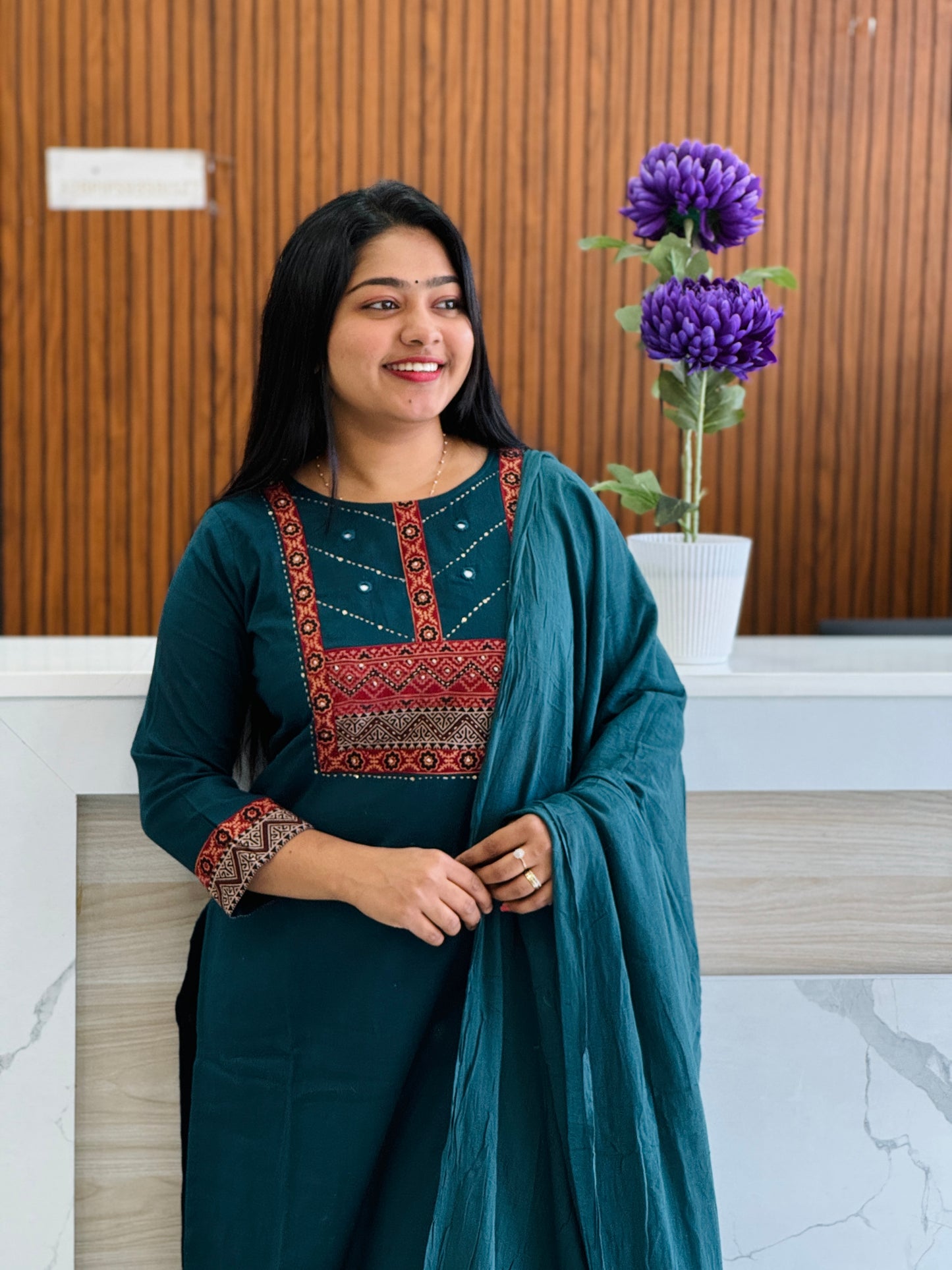 Teal Blue Cotton Set with Ajrak Patch Work A1664