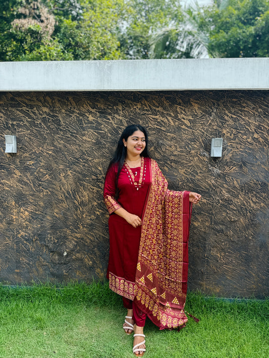 Elegant Modal Silk Suit with Crepe Silk Dupatta- A 1373