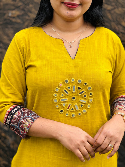 Lime Yellow Soft Cotton Cord Set Adorned with graceful Kalamkari pattern- A1427