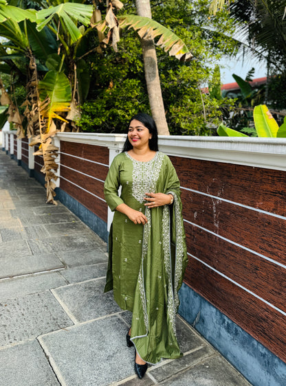 Handcrafted Soft Silk Salwar Set in Lavender & Olive Green - A1364