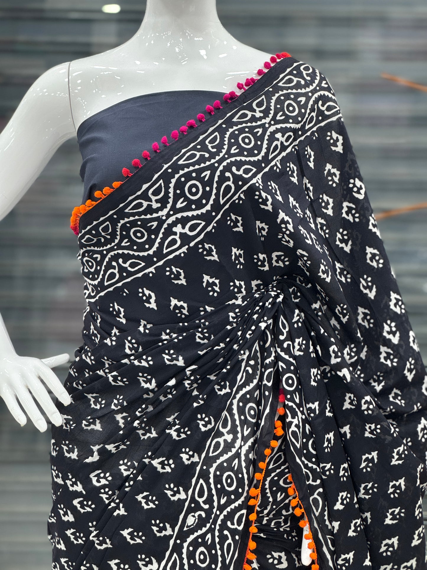 Black Soft Cotton Saree-A1345