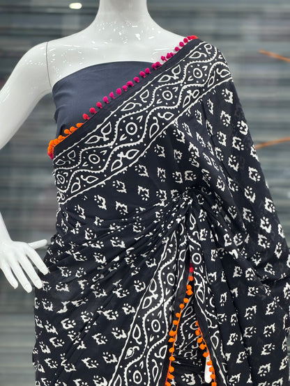 Black Soft Cotton Saree-A1345