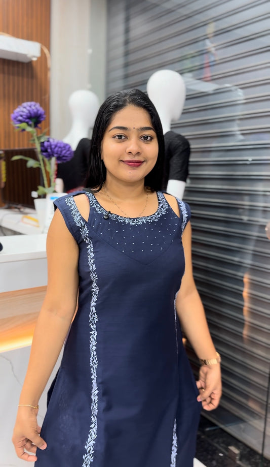 Premium Blue Cotton Top with Intricate Thread Work A - 1519