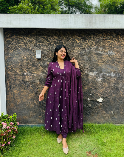 Elegant Purple Cotton Suit Set (M–3XL) A1735