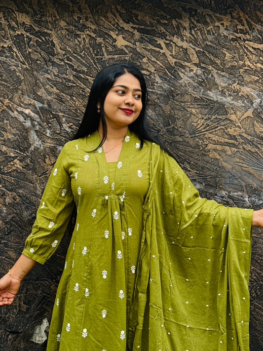 Pure cotton 3 piece Salwar set Orange & Green  A 1599