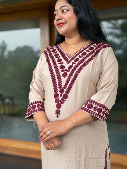 Beige & Wine Combo Chikankari Cord set A2044