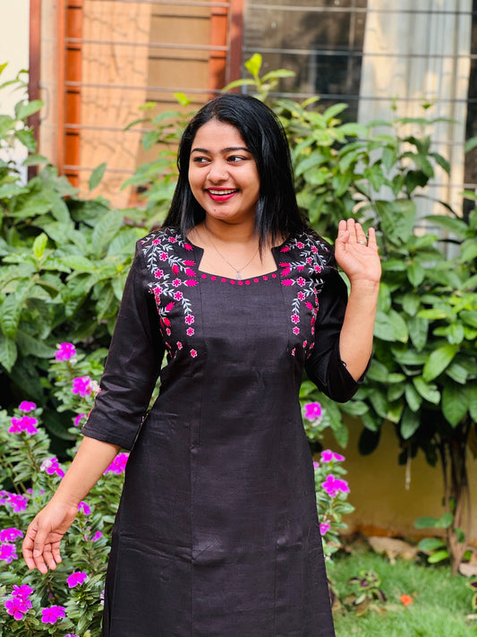 Black Cotton Kurta Top with intricate thread work -A1016