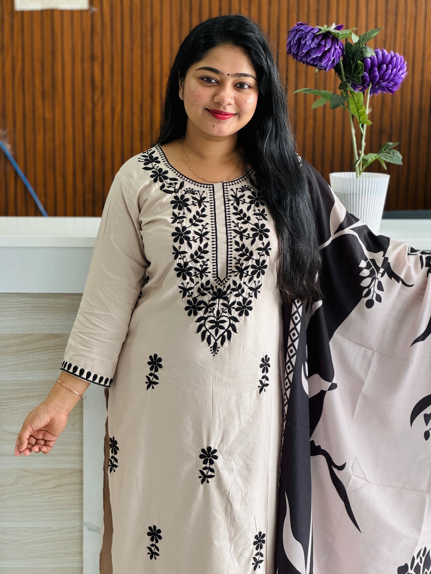Beige & Black Combo Chikankari 3ps set A1928